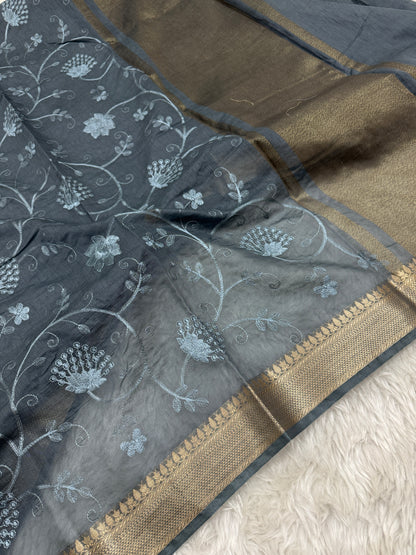 Charcoal Gray Mul Chanderi Chikankari Saree