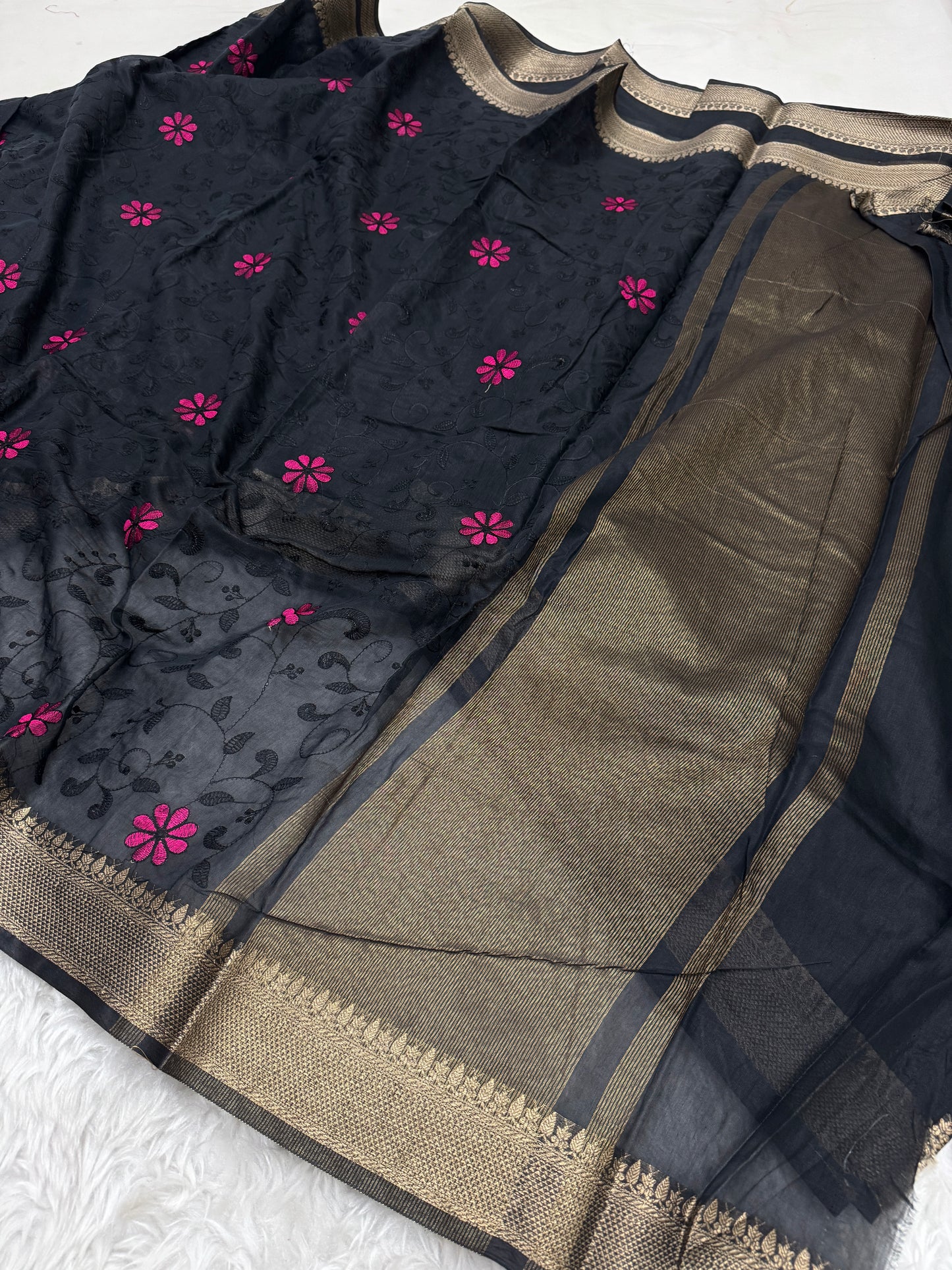 Black Mul Chanderi Chikankari Saree