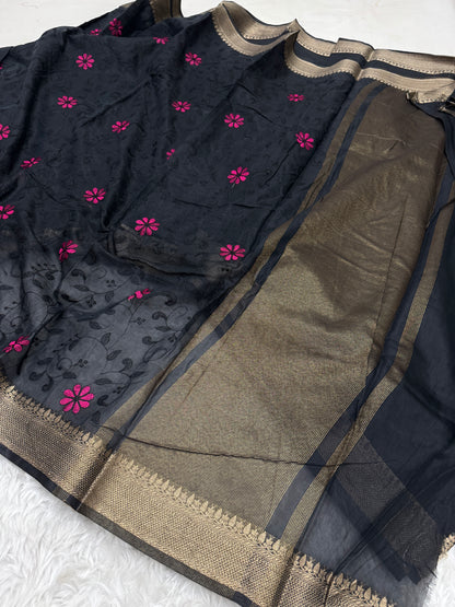 Black Mul Chanderi Chikankari Saree