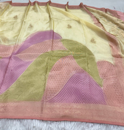 Pastel Yellow Banarasi Rangkaat Organza Crepe Silk Saree