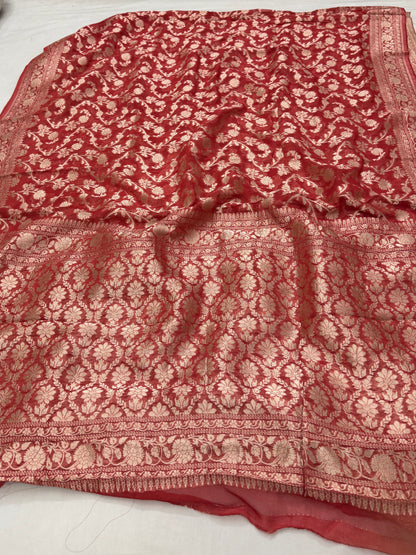 Rust Red Banarasi Viscose Khaddi Georgette Saree