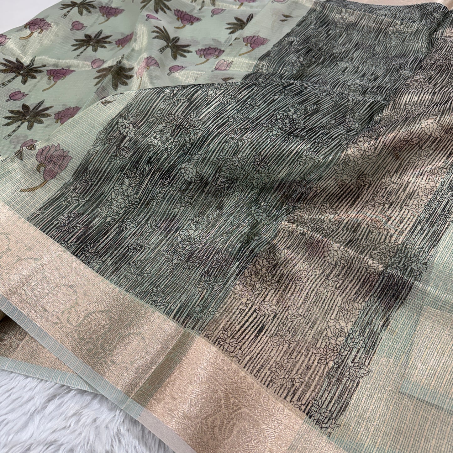 Mint Green Banarasi Kota Check Tissue Silk Printed Saree