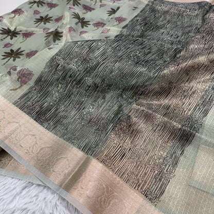 Mint Green Banarasi Kota Check Tissue Silk Printed Saree