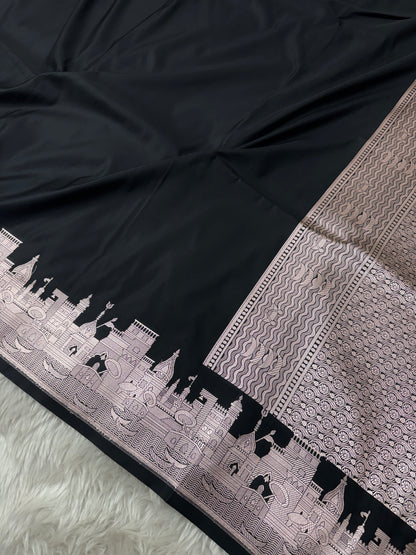 Classic Black Kashi Ghat Banarasi Satin Katan Silk Saree