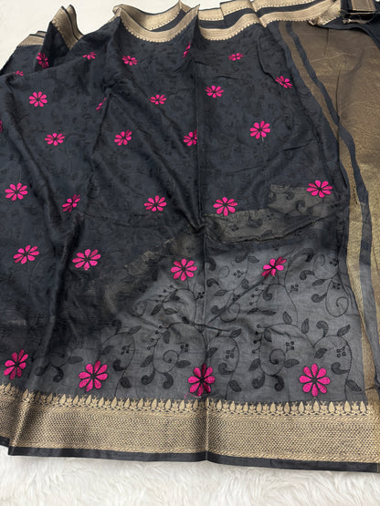 Black Mul Chanderi Chikankari Saree