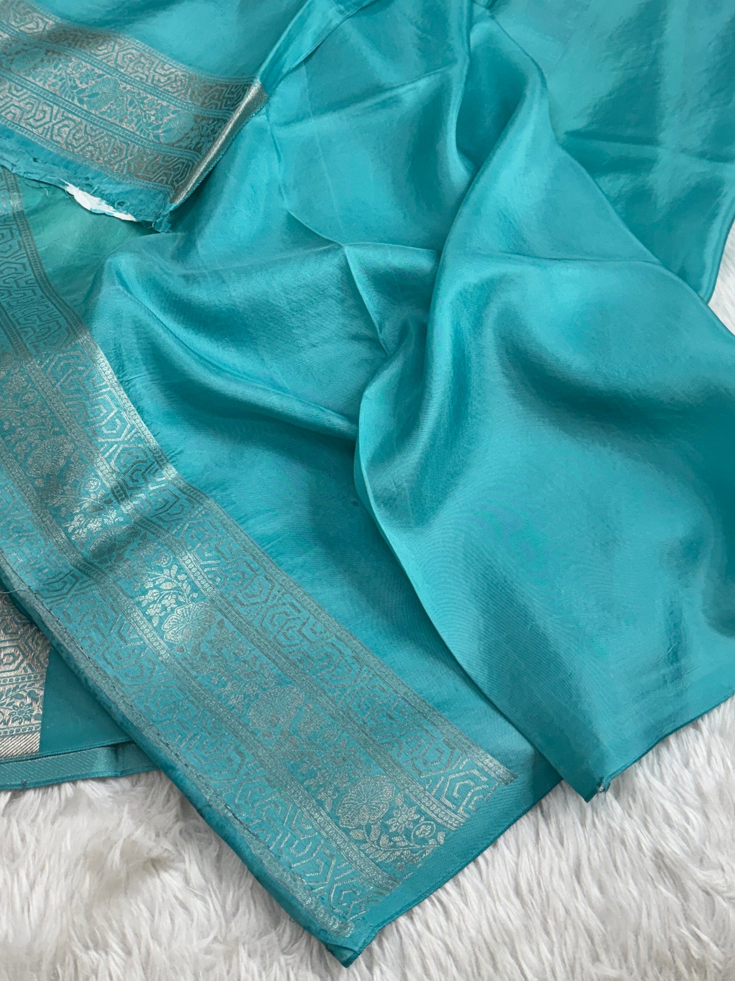 Lime Green and Ocean Teal Banarasi Handbrush Organza Crepe Silk Saree