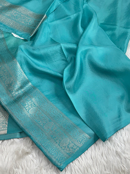 Lime Green and Ocean Teal Banarasi Handbrush Organza Crepe Silk Saree