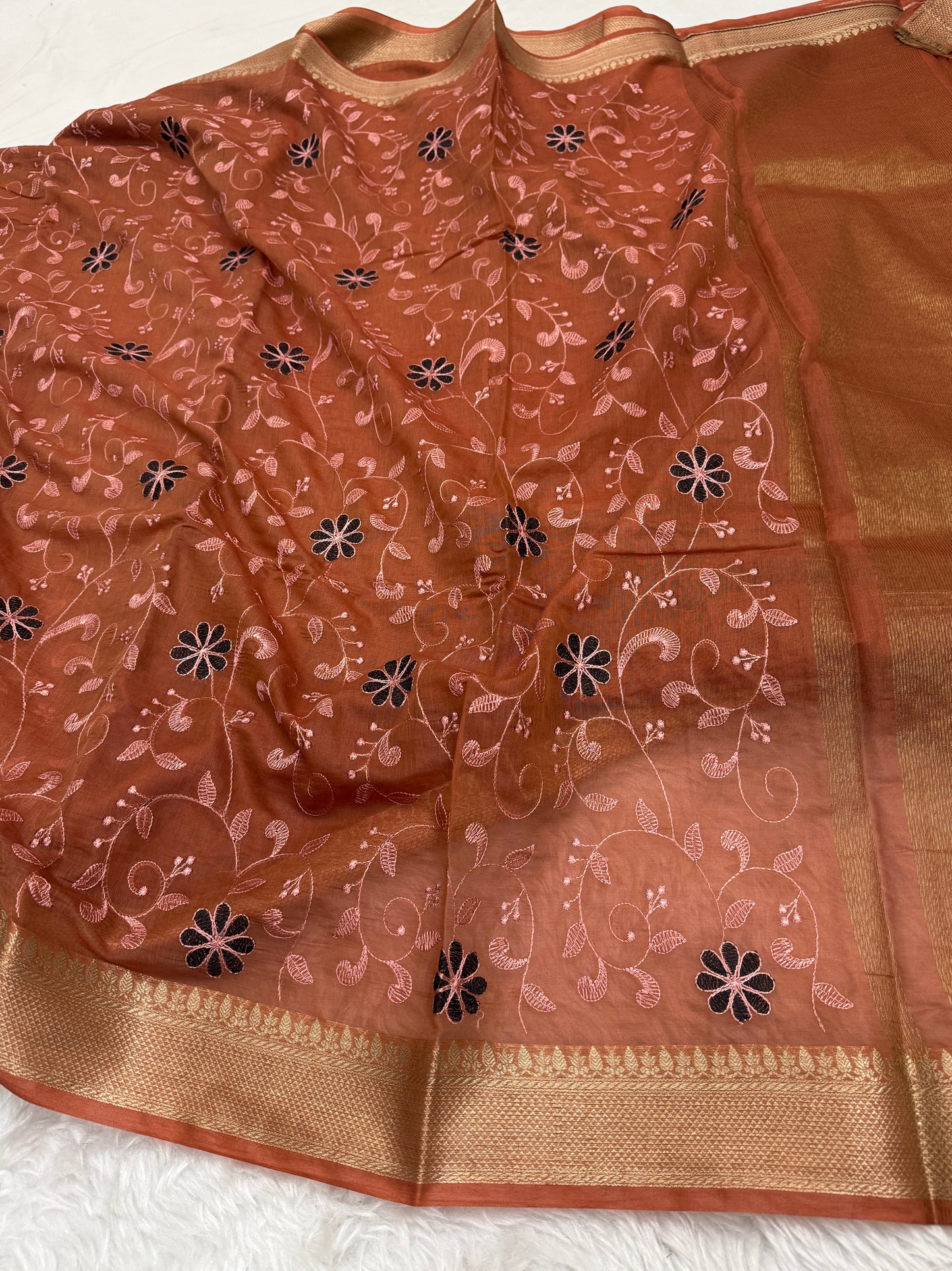 Rust Orange Mul Chanderi Chikankari Saree