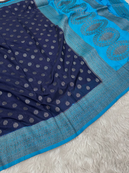 Navy Blue to Firozi Banarasi Crepe Georgette Saree