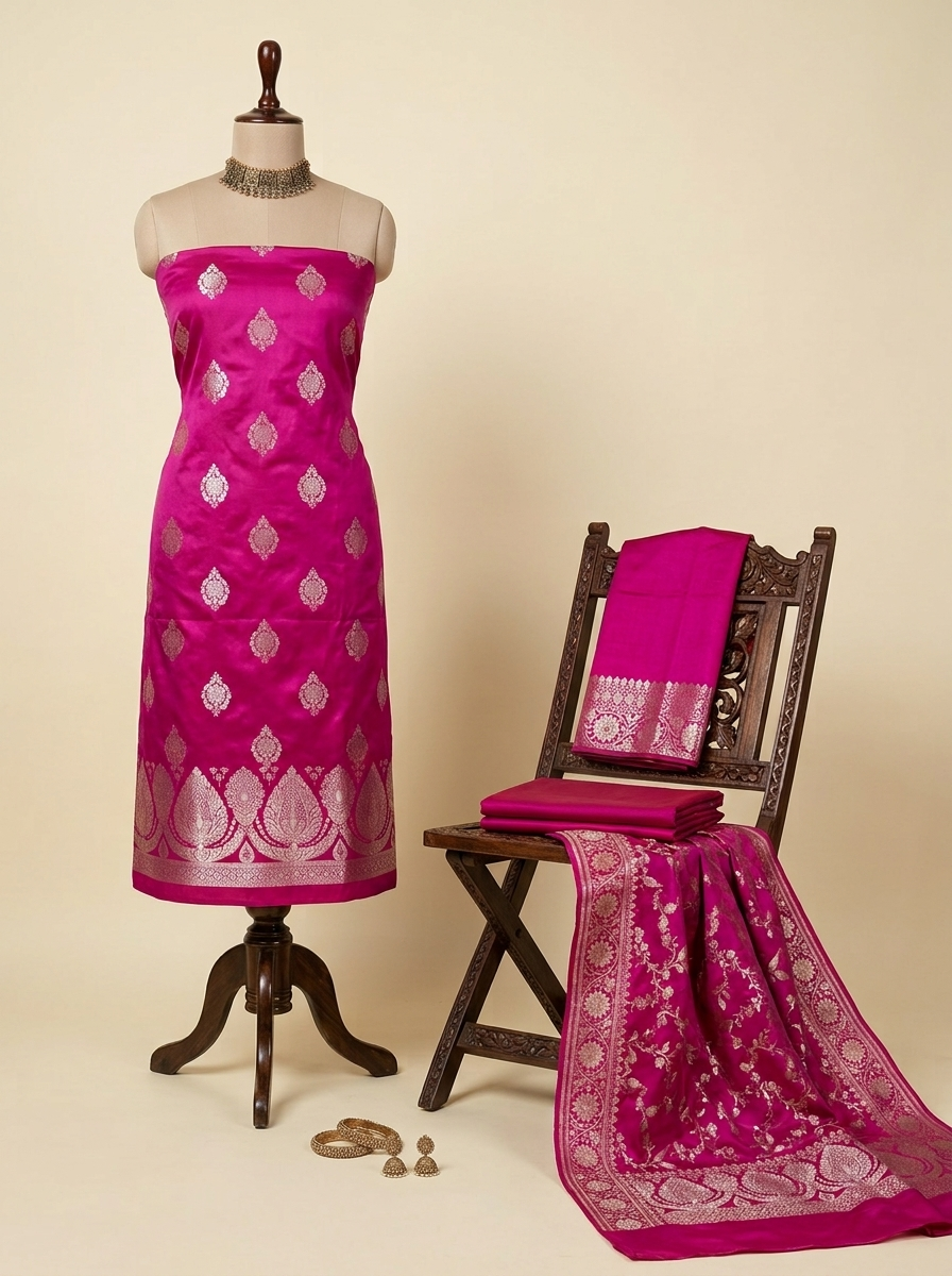Rani Pink Premium Banarasi Mashru Silk Suit Set