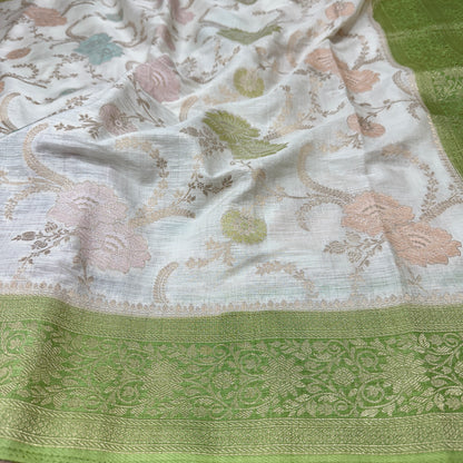 Off White to Mehendi Green Banarasi Meenakari Jaal Semi Tussar Silk Saree