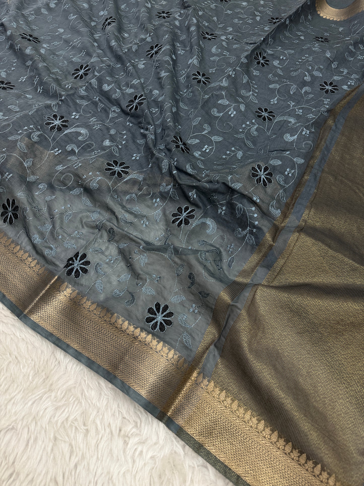 Charcoal Gray Mul Chanderi Chikankari Saree