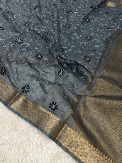 Charcoal Gray Mul Chanderi Chikankari Saree