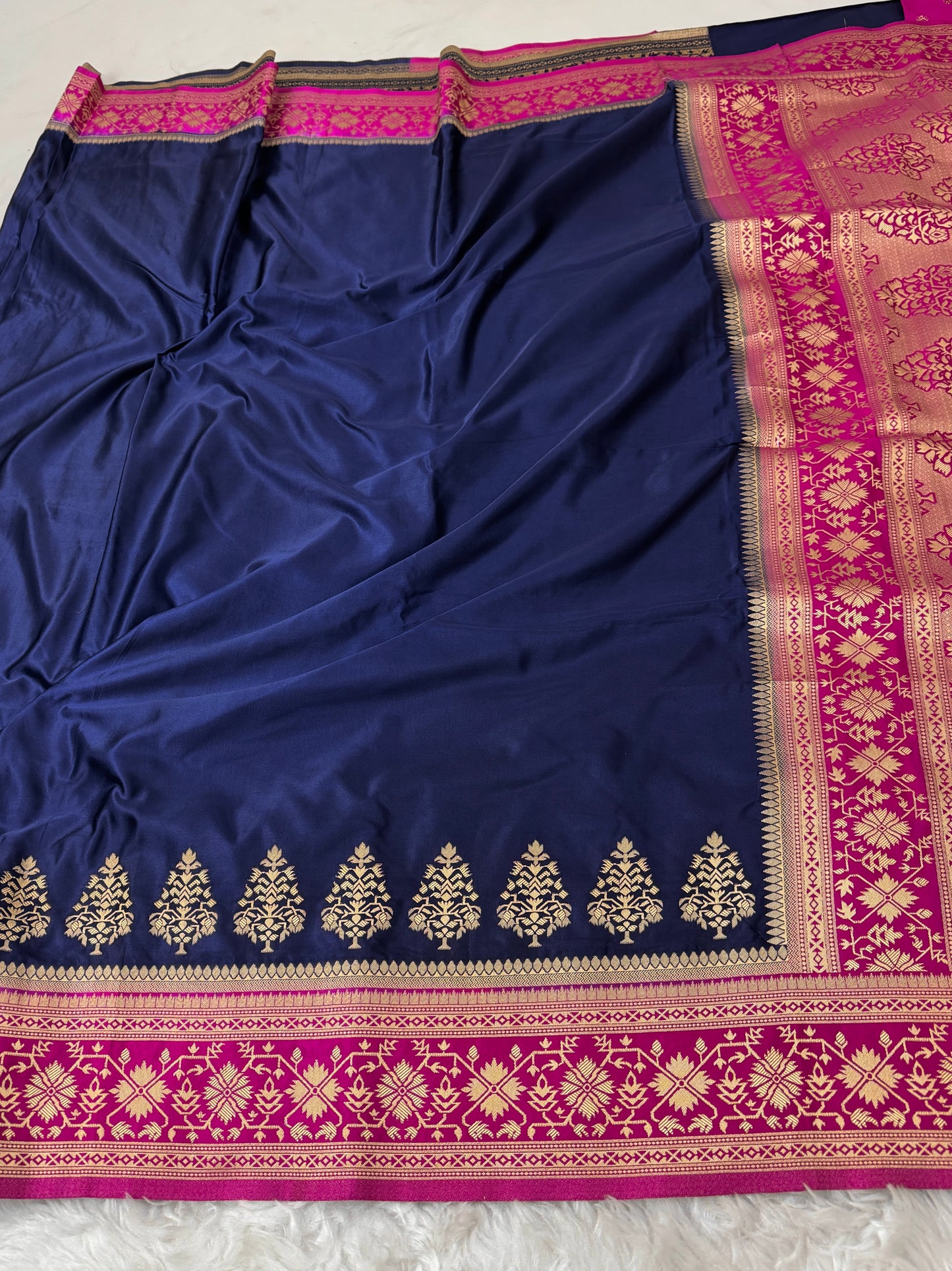 Navy Blue to Rani Pink Banarasi Mashru Silk Saree
