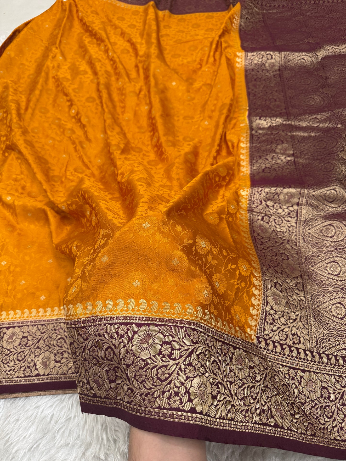 Mustard Yellow to Wine Banarasi Mashru Silk Saree