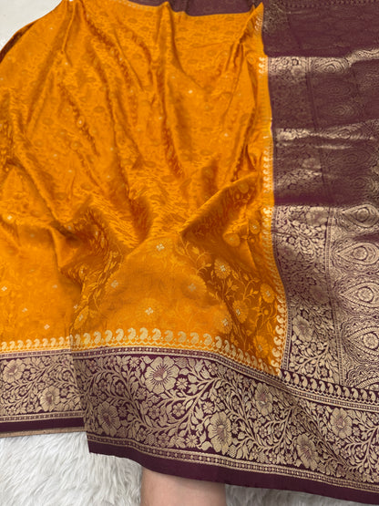 Mustard Yellow to Wine Banarasi Mashru Silk Saree