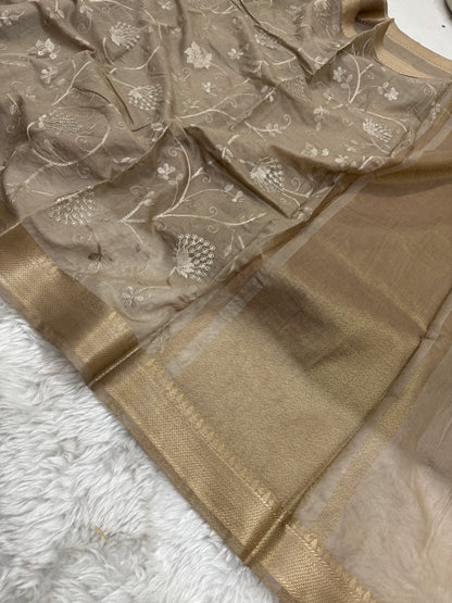 Chiku Mul Chanderi Chikankari Saree