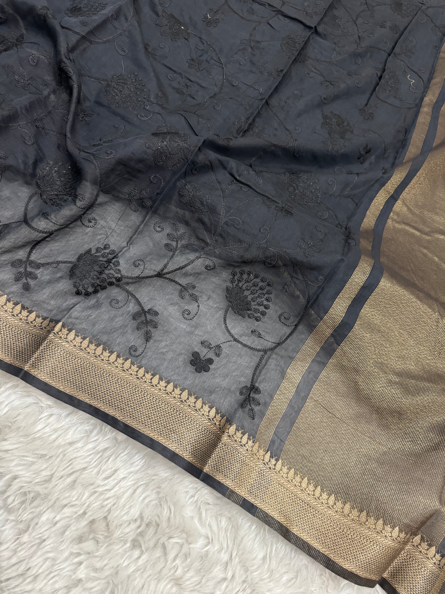 Black Mul Chanderi Chikankari Saree