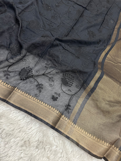 Black Mul Chanderi Chikankari Saree
