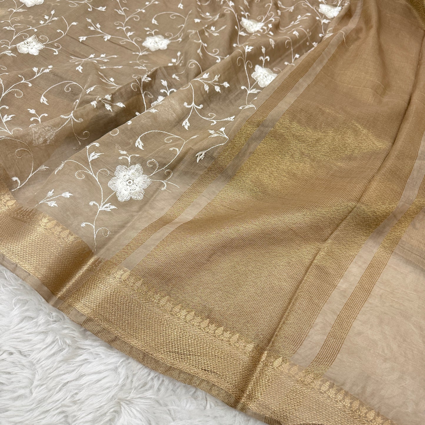Chiku Mul Chanderi Chikankari Saree
