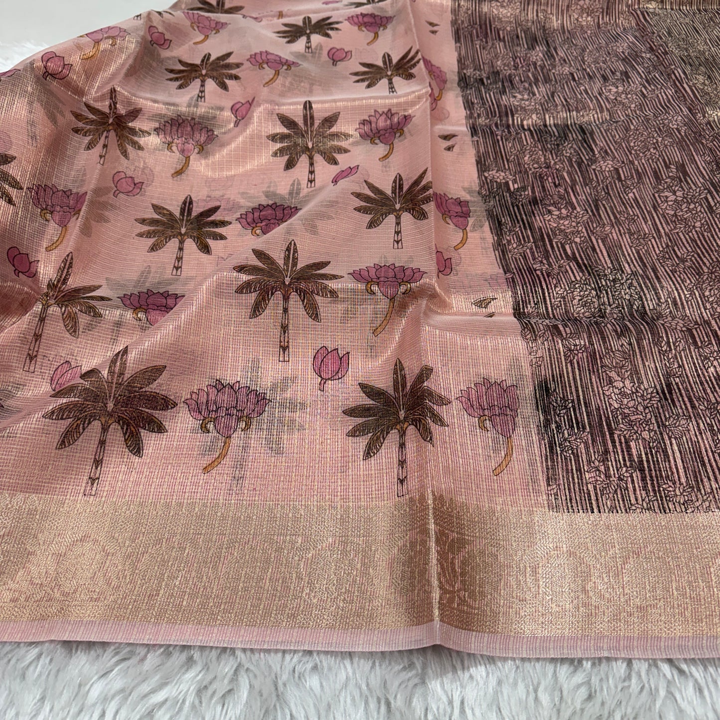 Rose Pink Banarasi Kota Check Tissue Silk Printed Saree