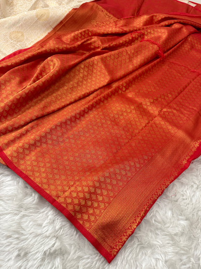 Off White to Red Kanjivaram Soft Silk Saree