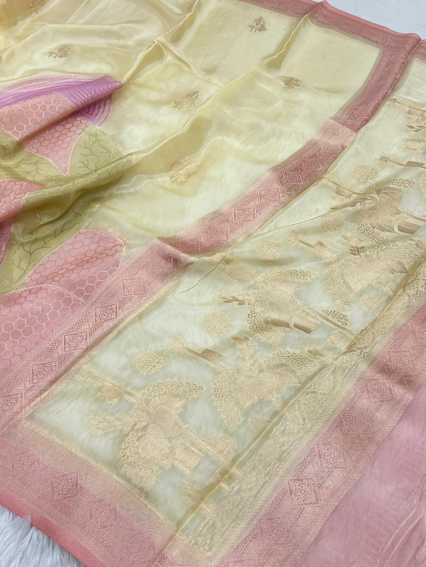 Pastel Yellow Banarasi Rangkaat Organza Crepe Silk Saree