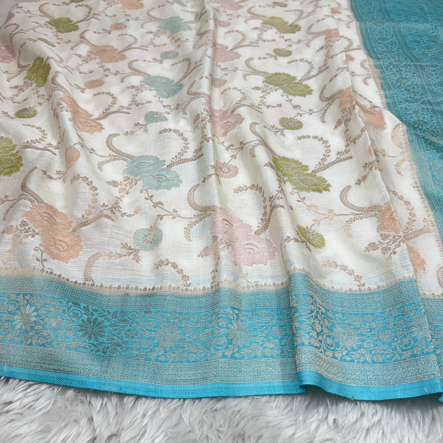 Off White to Sky Blue Banarasi Meenakari Jaal Semi Tussar Silk Saree