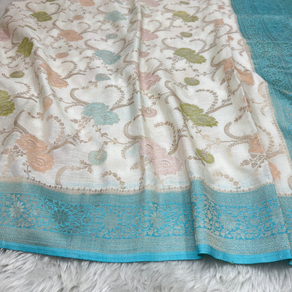 Off White to Sky Blue Banarasi Meenakari Jaal Semi Tussar Silk Saree