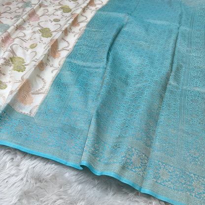 Off White to Sky Blue Banarasi Meenakari Jaal Semi Tussar Silk Saree