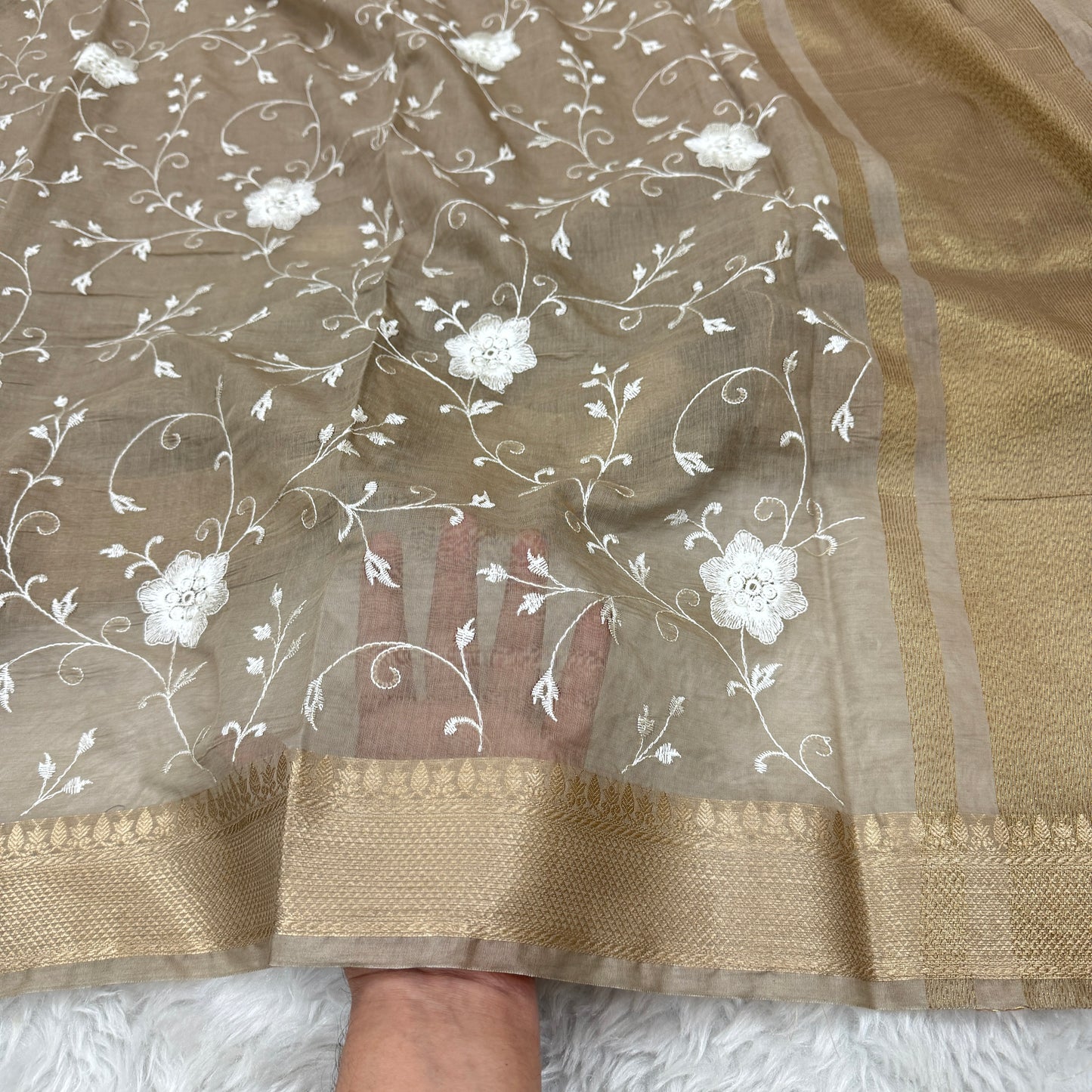 Chiku Mul Chanderi Chikankari Saree