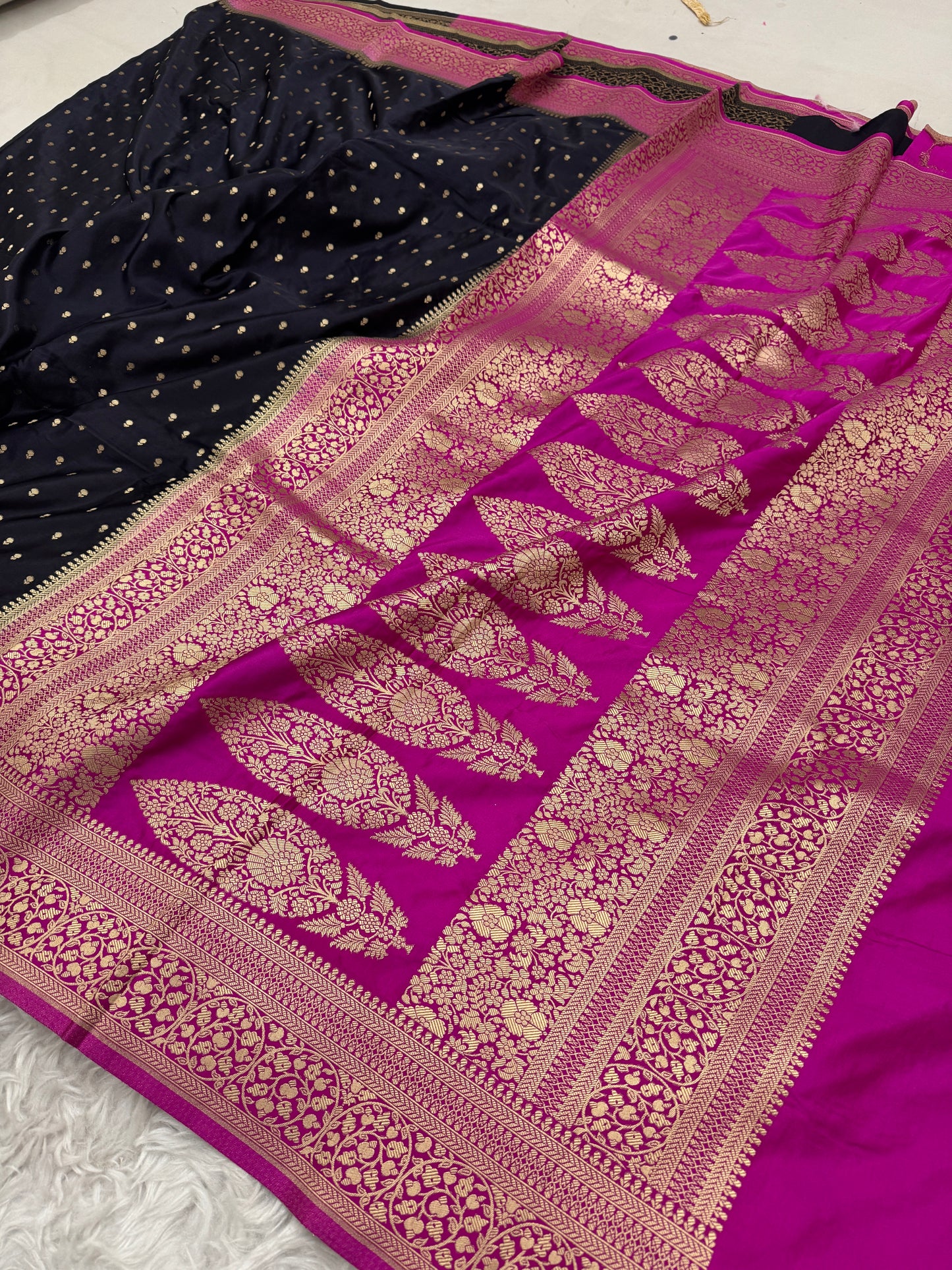 Black to Rani Pink Banarasi Mashru Silk Saree