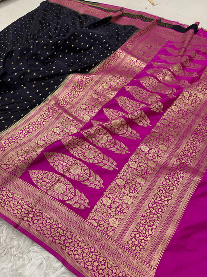 Black to Rani Pink Banarasi Mashru Silk Saree