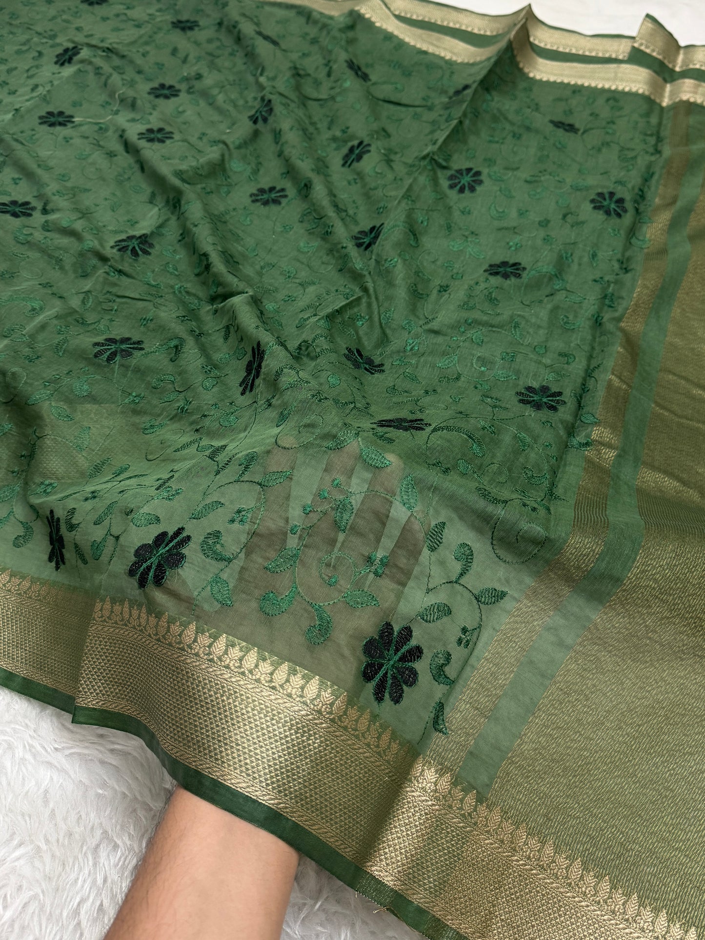 Bottle Green Mul Chanderi Chikankari Saree