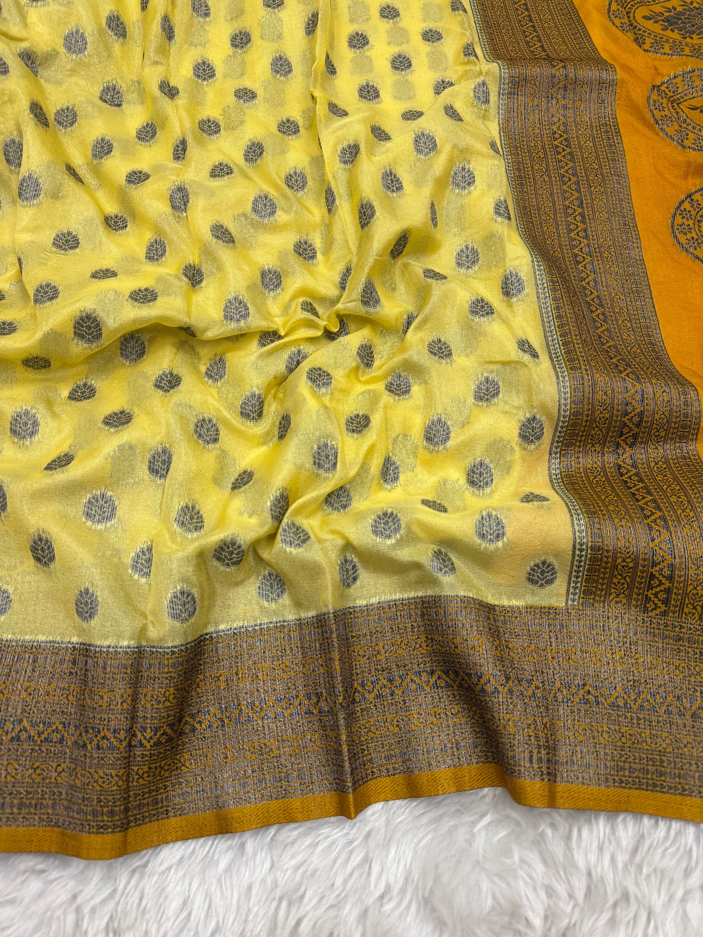 Lemon Yellow to Mustard Banarasi Crepe Georgette Saree