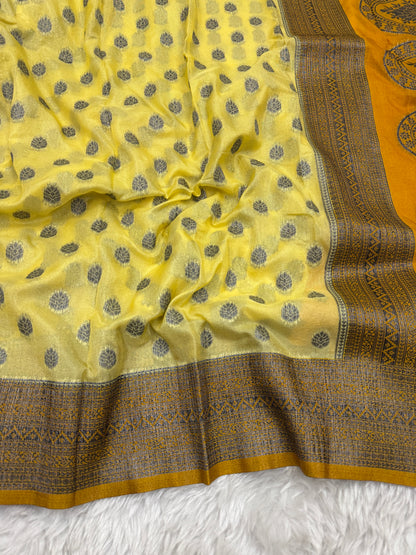 Lemon Yellow to Mustard Banarasi Crepe Georgette Saree
