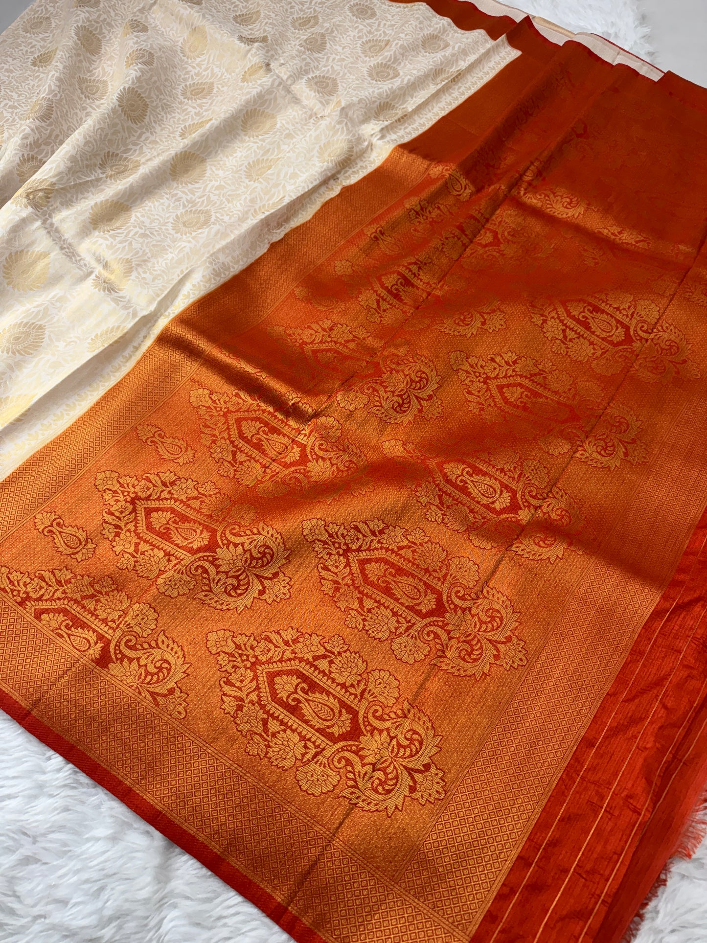 Off White to Burnt Orange Kanjivaram Soft Silk Saree