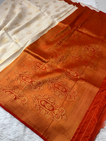 Off White to Burnt Orange Kanjivaram Soft Silk Saree