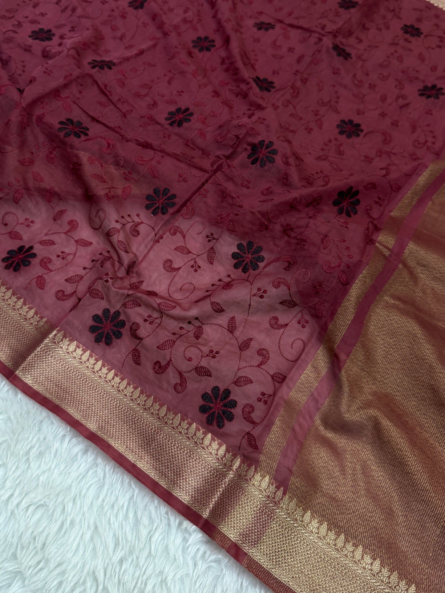 Maroon Mul Chanderi Chikankari Saree