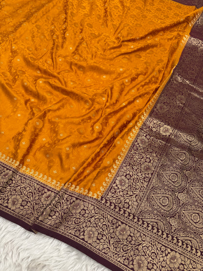 Mustard Yellow to Wine Banarasi Mashru Silk Saree