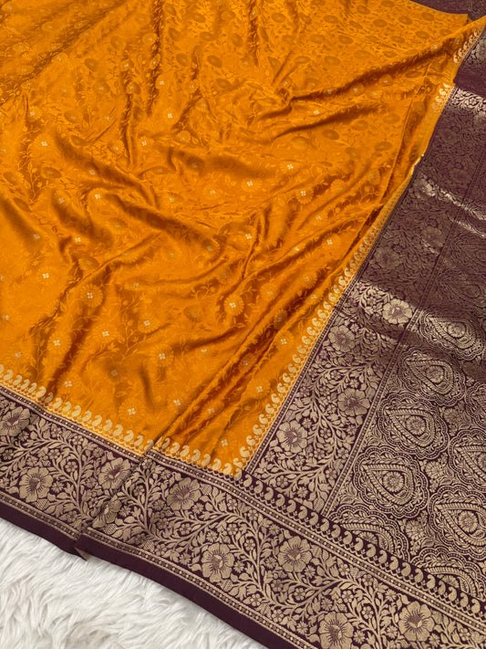 Mustard Yellow to Wine Banarasi Mashru Silk Saree