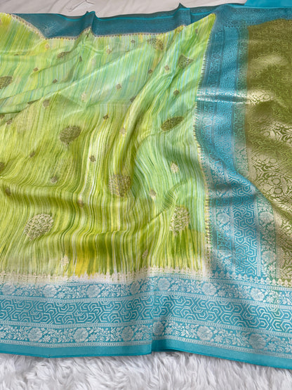 Lime Green and Ocean Teal Banarasi Handbrush Organza Crepe Silk Saree
