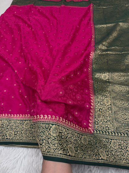 Rani Pink to Bottle Green Banarasi Mashru Silk Saree