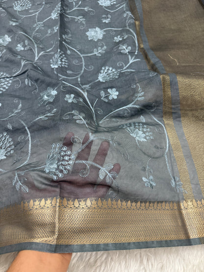 Charcoal Gray Mul Chanderi Chikankari Saree