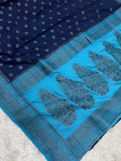 Navy Blue to Firozi Banarasi Crepe Georgette Saree