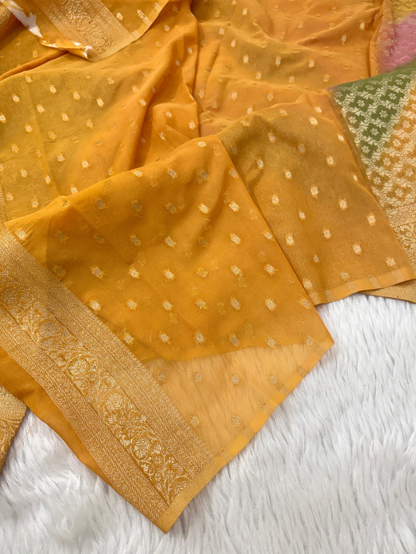 Mustard Yellow Leheriya Rangkaat Banarasi Khaddi Georgette Saree