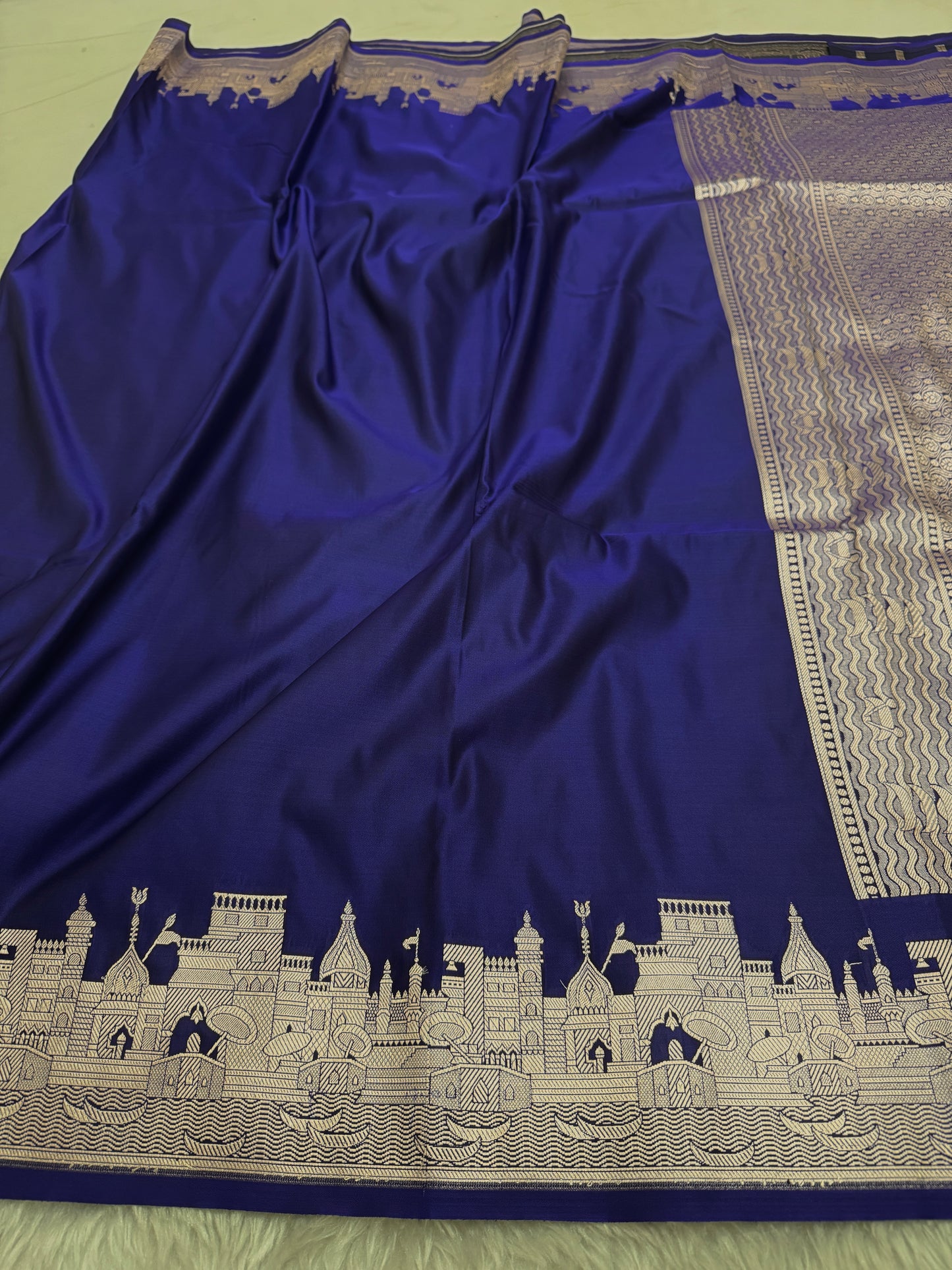 Deep Royal Blue Kashi Ghat Banarasi Satin Katan Silk Saree