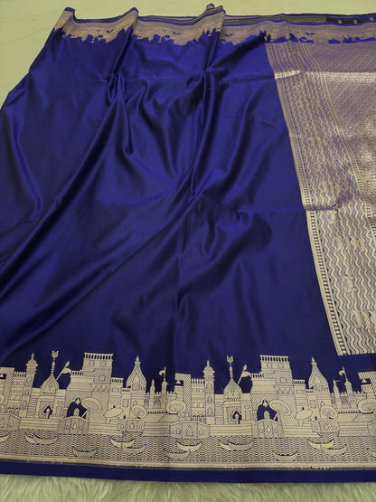 Deep Royal Blue Kashi Ghat Banarasi Satin Katan Silk Saree