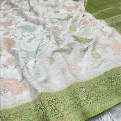 Off White to Mehendi Green Banarasi Meenakari Jaal Semi Tussar Silk Saree
