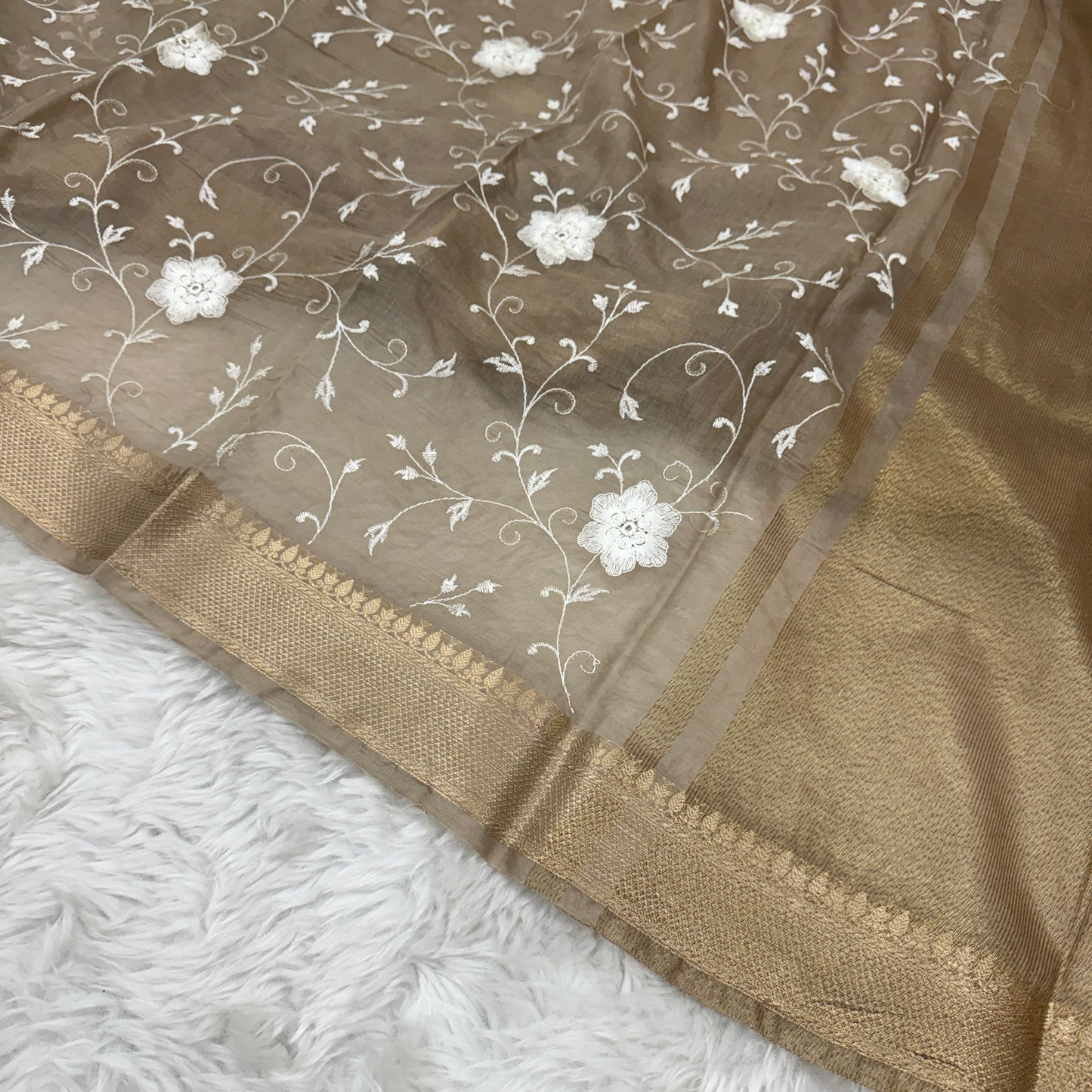 Chiku Mul Chanderi Chikankari Saree